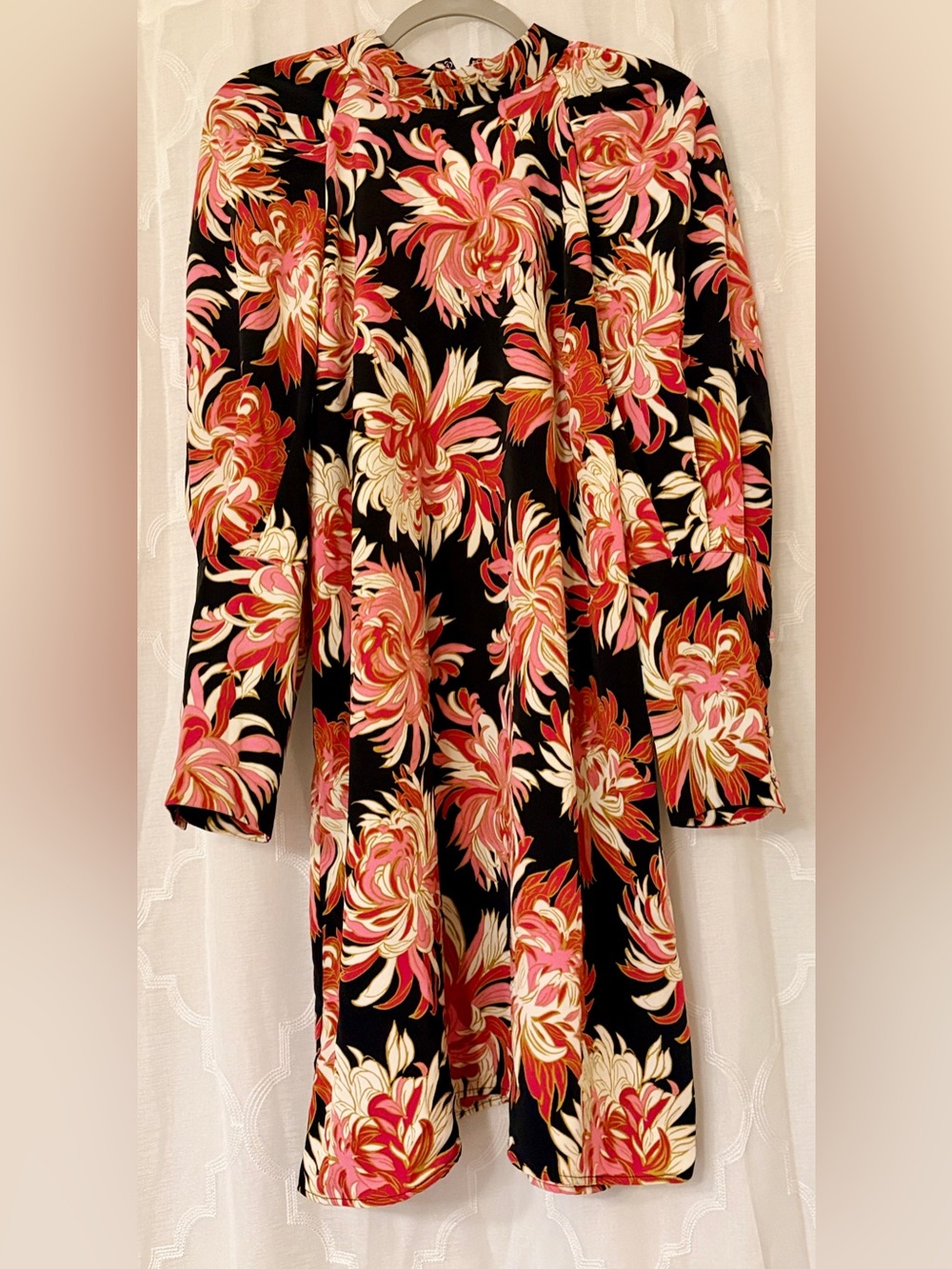 Who What Wear Black Floral Long Sleeve Mini Dress with Pink & Cream Accents | XL